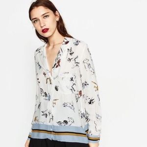 Zara dog print button up blouse